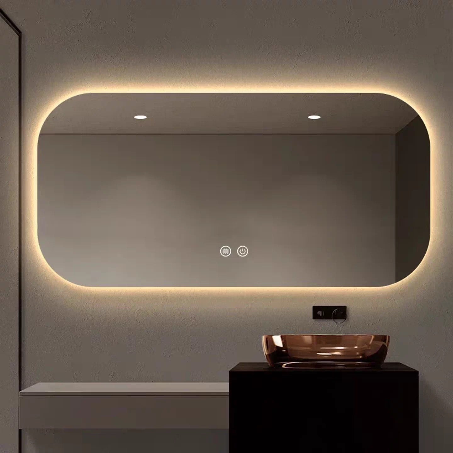 Frame-free square with rounded edges, smart mirror backlighting, anti-fog feature, customizable full-body mirror, dressing mirror, bathroom mirror, toiletry mirror.