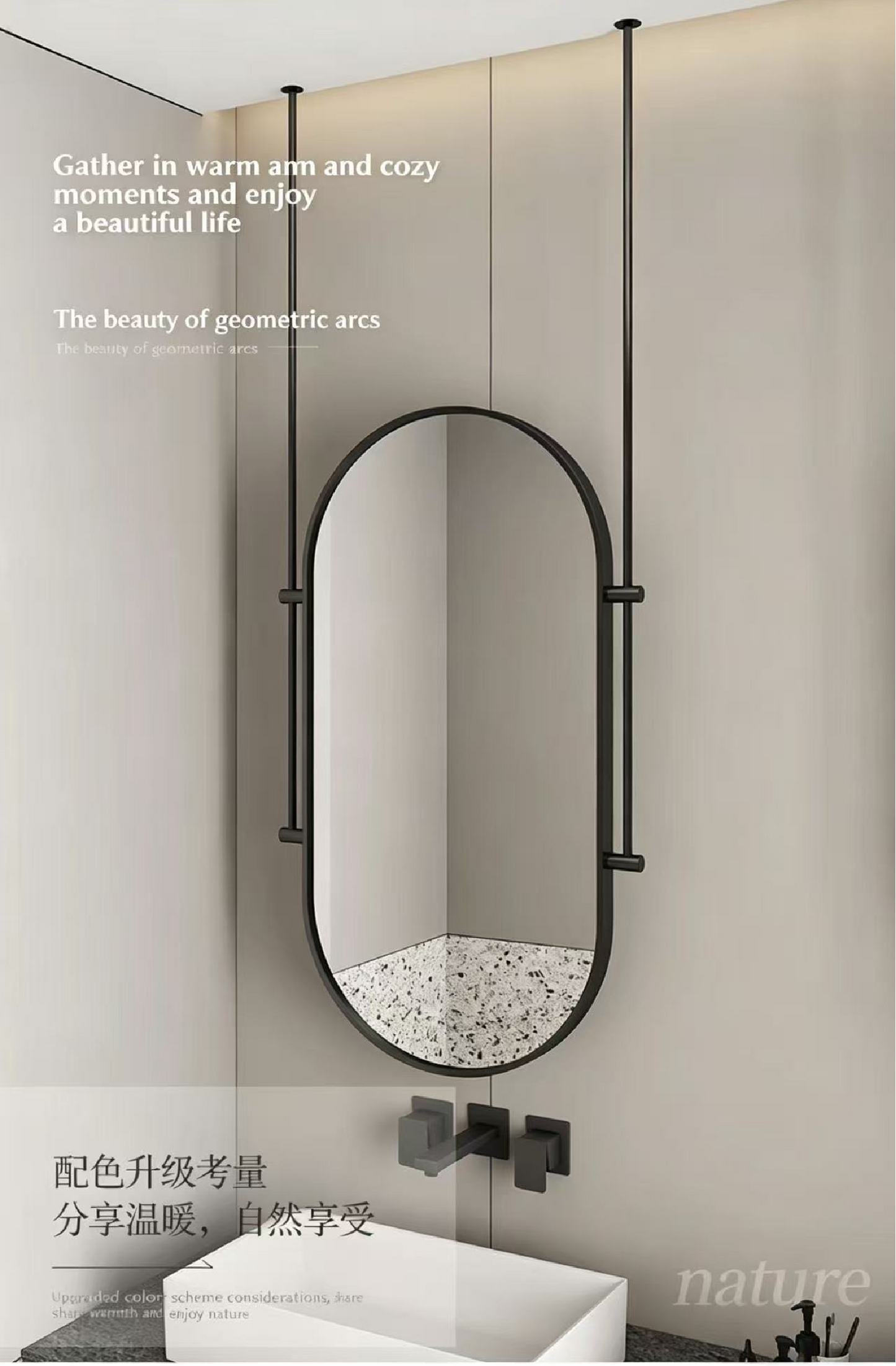 Sleek Ceiling-Hung Oval Mirror – Elevate Any Space Without Drilling Walls