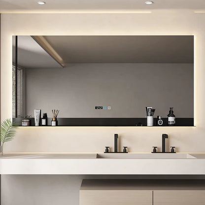 Frame-free square with rounded edges, smart mirror backlighting, anti-fog feature, customizable full-body mirror, dressing mirror, bathroom mirror, toiletry mirror.