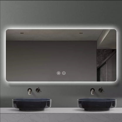 Frame-free square with rounded edges, smart mirror backlighting, anti-fog feature, customizable full-body mirror, dressing mirror, bathroom mirror, toiletry mirror.