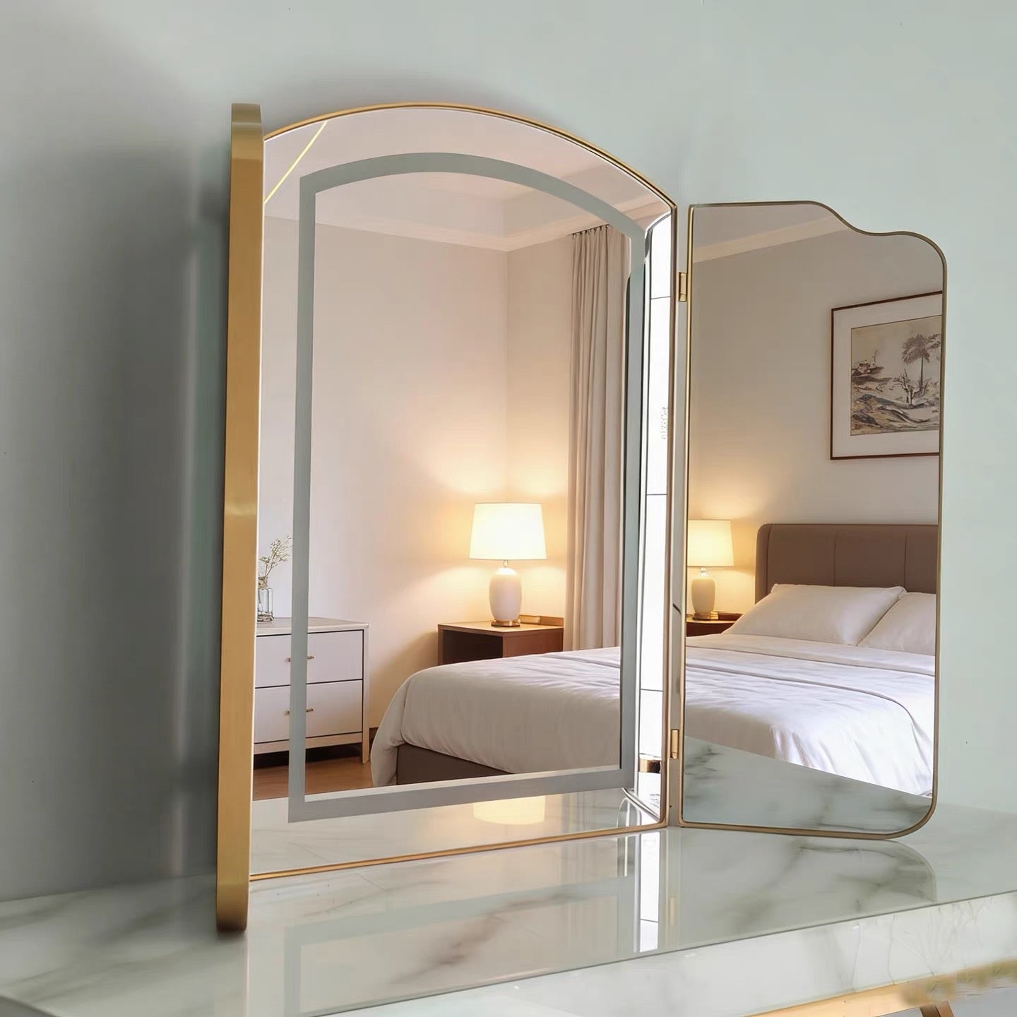 Makeup mirror available in customizable, foldable, multi-functional, explosion-proof mirror, light-emitting, fog-resistant, bathroom mirror, display mirror, and full-body mirror.