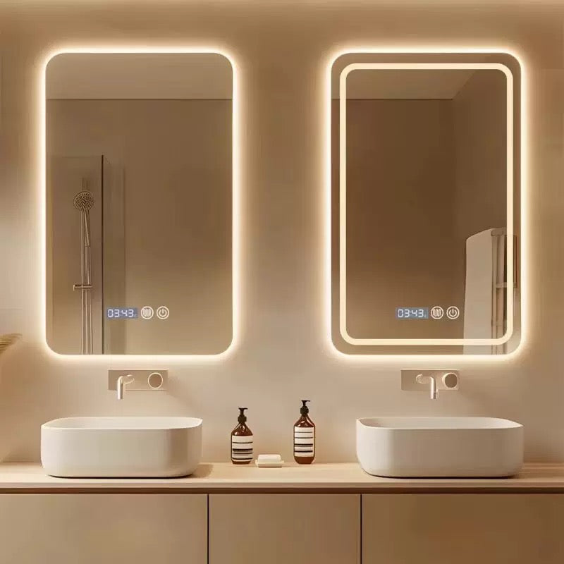 Frame-free square with rounded edges, smart mirror backlighting, anti-fog feature, customizable full-body mirror, dressing mirror, bathroom mirror, toiletry mirror.