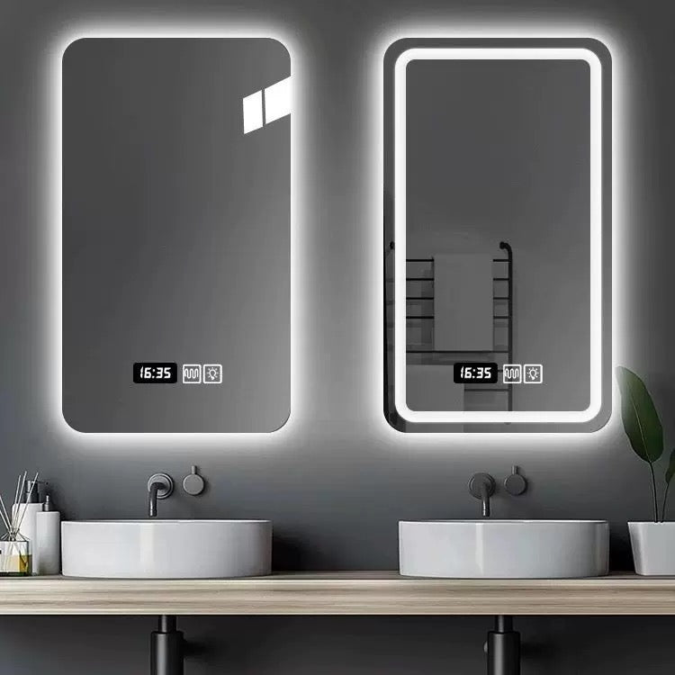 Frame-free square with rounded edges, smart mirror backlighting, anti-fog feature, customizable full-body mirror, dressing mirror, bathroom mirror, toiletry mirror.