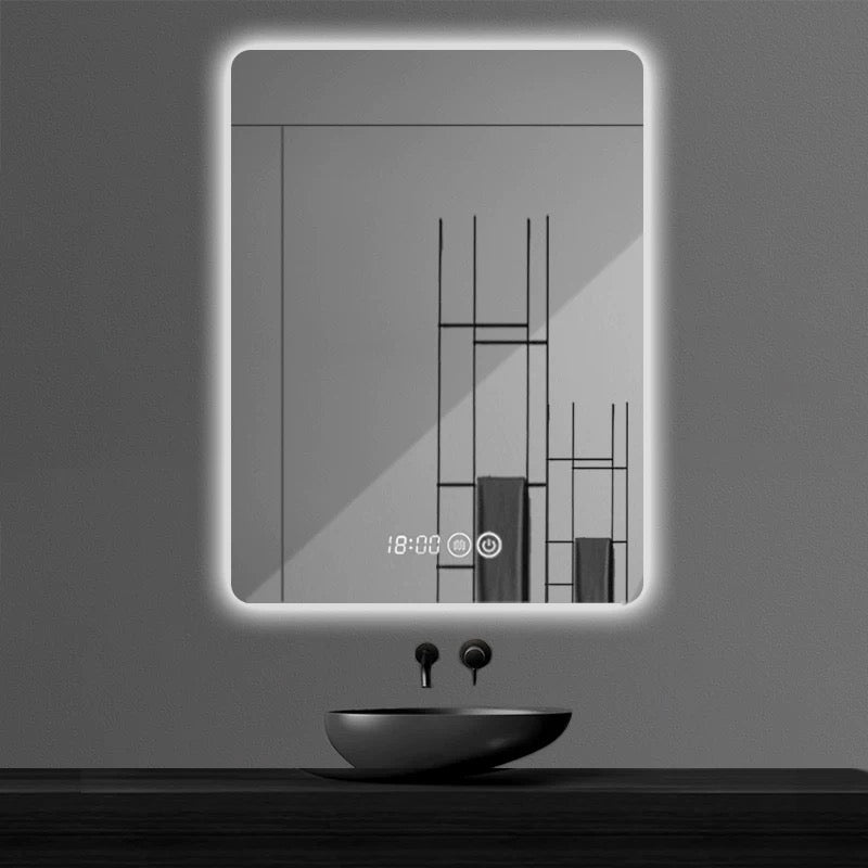 Frame-free square with rounded edges, smart mirror backlighting, anti-fog feature, customizable full-body mirror, dressing mirror, bathroom mirror, toiletry mirror.
