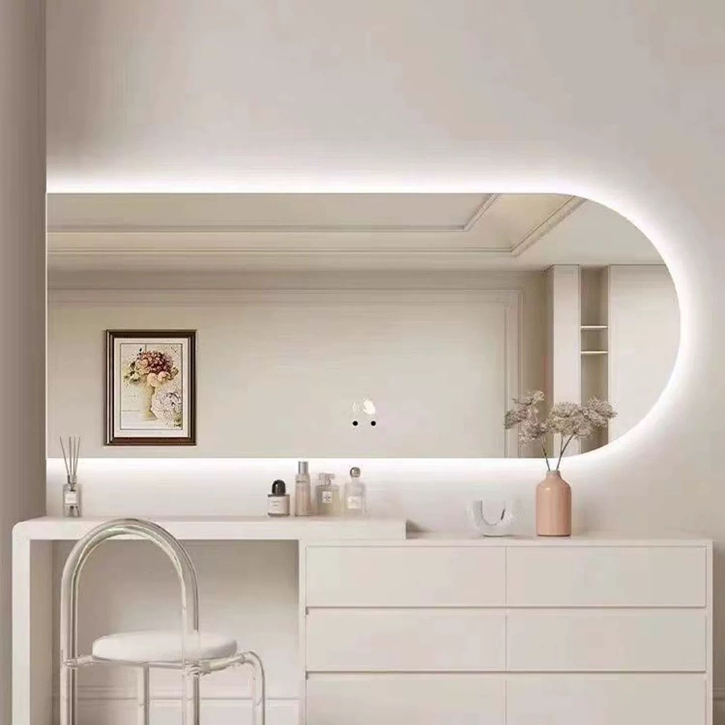 Arch-shaped LED smart backlighting, non-copper mirror, anti-fog bathroom dressing mirror, sink countertop mirror.