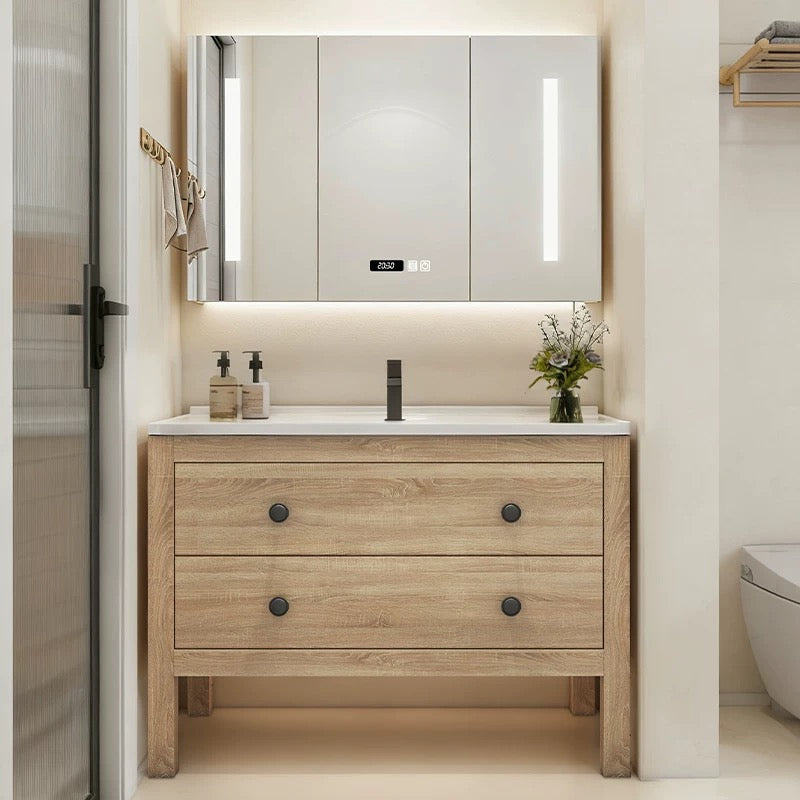 Eco-friendly solid wood cabinet, natural wood color, rustic style, bathroom cabinet, sink basin, eco-friendly.