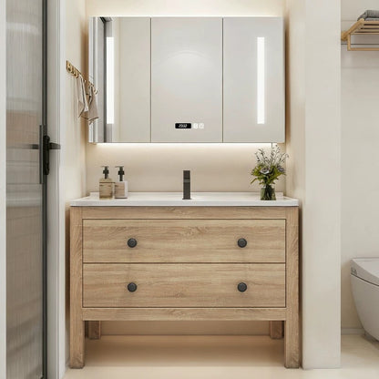 Eco-friendly solid wood cabinet, natural wood color, rustic style, bathroom cabinet, sink basin, eco-friendly.