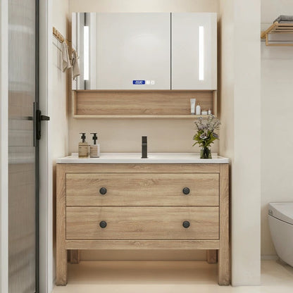 Eco-friendly solid wood cabinet, natural wood color, rustic style, bathroom cabinet, sink basin, eco-friendly.