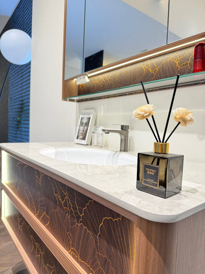 High-end custom bathroom cabinet/makeup table with gold inlay process, integrated stone slab, complete bathroom cabinet.