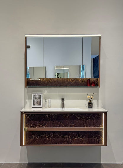 High-end custom bathroom cabinet/makeup table with gold inlay process, integrated stone slab, complete bathroom cabinet.
