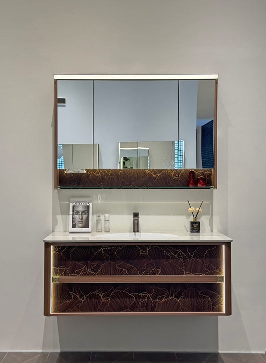 High-end custom bathroom cabinet/makeup table with gold inlay process, integrated stone slab, complete bathroom cabinet.