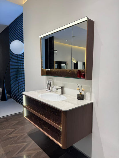 High-end custom bathroom cabinet/makeup table with gold inlay process, integrated stone slab, complete bathroom cabinet.