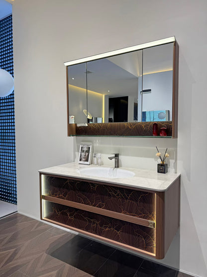 High-end custom bathroom cabinet/makeup table with gold inlay process, integrated stone slab, complete bathroom cabinet.