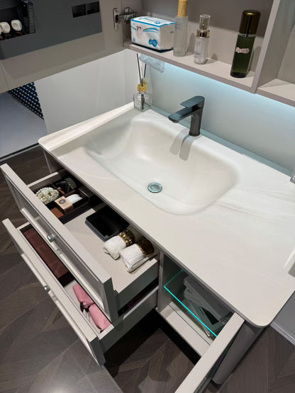 Wooden cabinet with painted finish, easy to clean; high-temperature resistant; integrated ceramic basin made from stone slabs