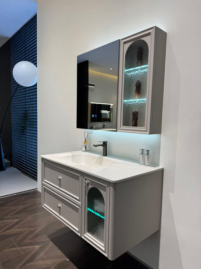 Wooden cabinet with painted finish, easy to clean; high-temperature resistant; integrated ceramic basin made from stone slabs