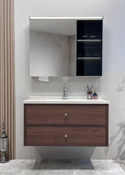 A luxurious solid wood bathroom cabinet with a walnut finish, a washbasin, and an integrated stone slab – an eco-friendly bathroom cabinet.