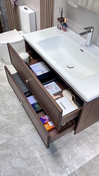 A luxurious solid wood bathroom cabinet with a walnut finish, a washbasin, and an integrated stone slab – an eco-friendly bathroom cabinet.