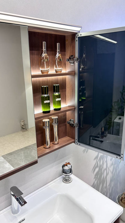 A luxurious solid wood bathroom cabinet with a walnut finish, a washbasin, and an integrated stone slab – an eco-friendly bathroom cabinet.