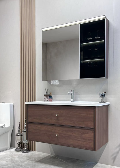 A luxurious solid wood bathroom cabinet with a walnut finish, a washbasin, and an integrated stone slab – an eco-friendly bathroom cabinet.