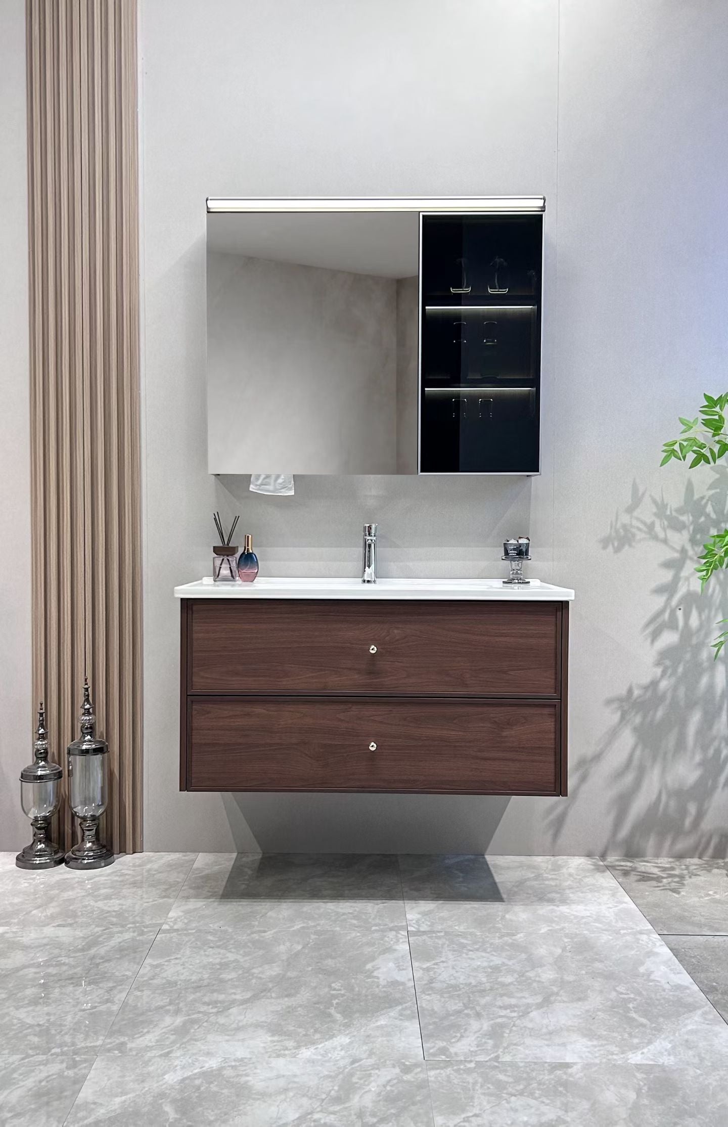 A luxurious solid wood bathroom cabinet with a walnut finish, a washbasin, and an integrated stone slab – an eco-friendly bathroom cabinet.