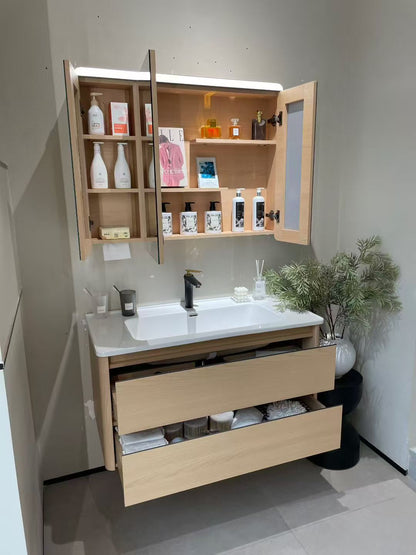 Wooden bathroom cabinet with natural wood style, washbasin, eco-friendly bathroom cabinet, stone slab integrated bathroom, ceramic basin.