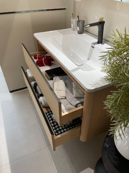 Wooden bathroom cabinet with natural wood style, washbasin, eco-friendly bathroom cabinet, stone slab integrated bathroom, ceramic basin.