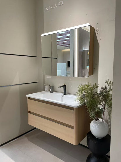 Wooden bathroom cabinet with natural wood style, washbasin, eco-friendly bathroom cabinet, stone slab integrated bathroom, ceramic basin.