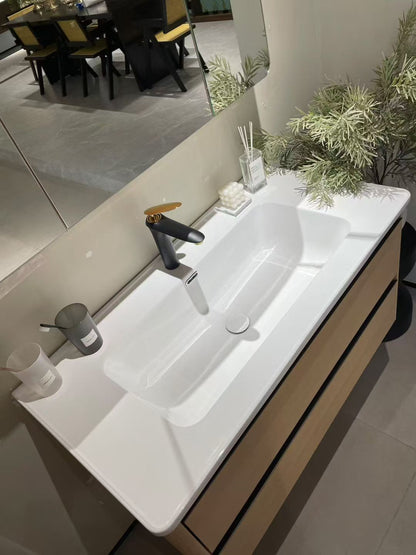 Wooden bathroom cabinet with natural wood style, washbasin, eco-friendly bathroom cabinet, stone slab integrated bathroom, ceramic basin.