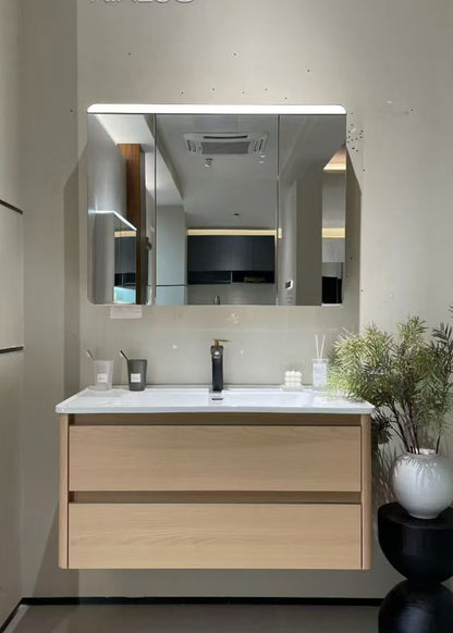 Wooden bathroom cabinet with natural wood style, washbasin, eco-friendly bathroom cabinet, stone slab integrated bathroom, ceramic basin.