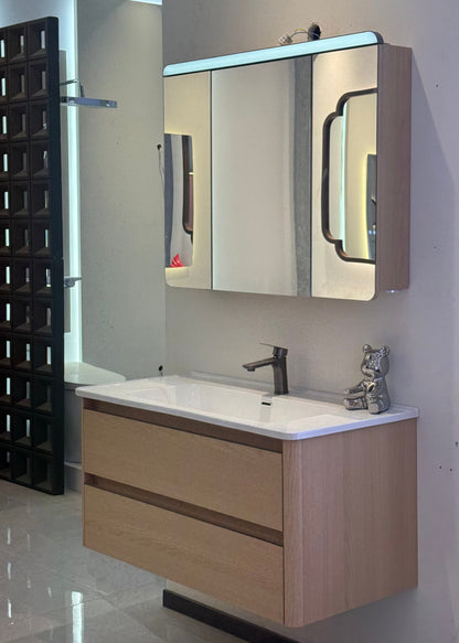 Wooden bathroom cabinet with natural wood style, washbasin, eco-friendly bathroom cabinet, stone slab integrated bathroom, ceramic basin.