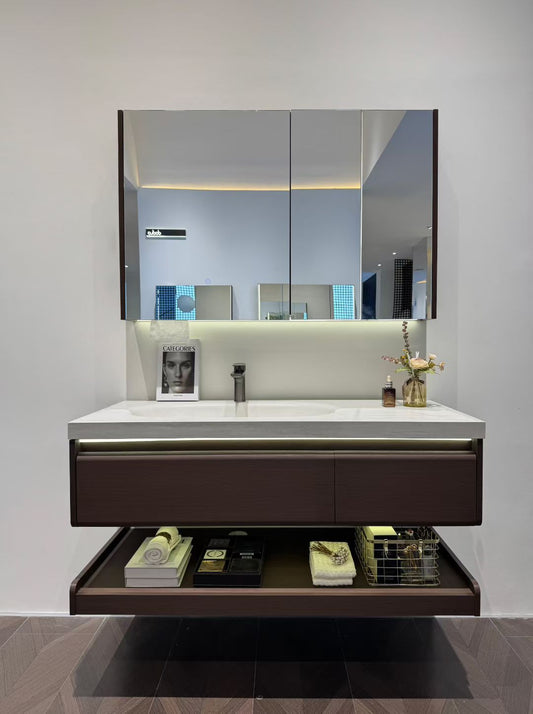 Custom-made cabinet made of red oak, hotel-style custom bathroom vanity, wash basin, and integrated stone slab with seamless design.