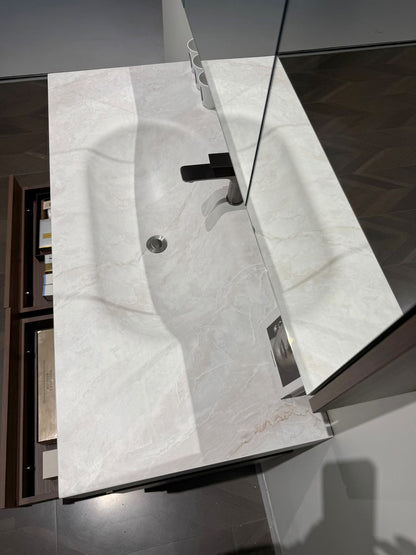 The hotel-style bathroom cabinet features a walnut veneer finish, a high-temperature stone slab integrated ceramic basin, and a washbasin.