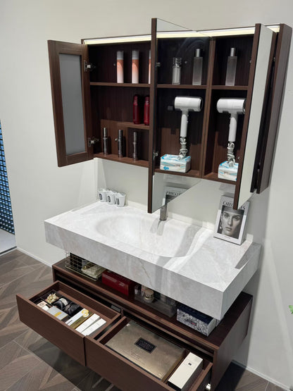 The hotel-style bathroom cabinet features a walnut veneer finish, a high-temperature stone slab integrated ceramic basin, and a washbasin.