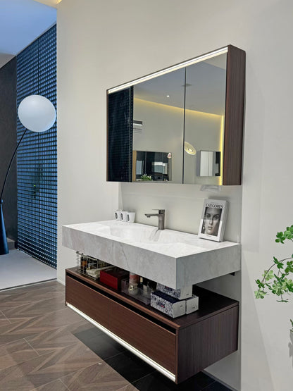 The hotel-style bathroom cabinet features a walnut veneer finish, a high-temperature stone slab integrated ceramic basin, and a washbasin.