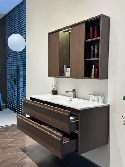 A luxurious solid wood bathroom cabinet with a walnut finish, a washbasin, and an integrated stone slab – an eco-friendly bathroom cabinet