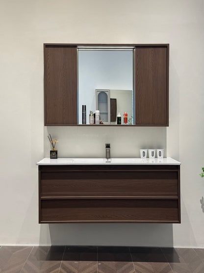 A luxurious solid wood bathroom cabinet with a walnut finish, a washbasin, and an integrated stone slab – an eco-friendly bathroom cabinet