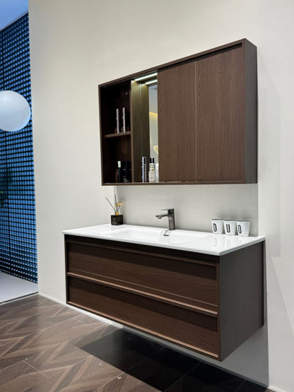 A luxurious solid wood bathroom cabinet with a walnut finish, a washbasin, and an integrated stone slab – an eco-friendly bathroom cabinet