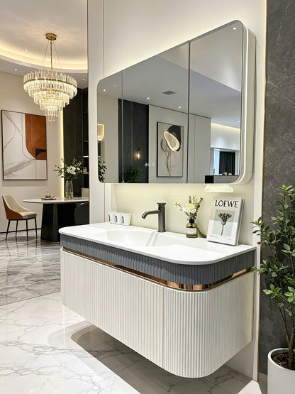 High-end custom bathroom cabinet/makeup table with high-temperature rock plate, integrated ceramic basin, mixed oil finish, solid wood cabinet.