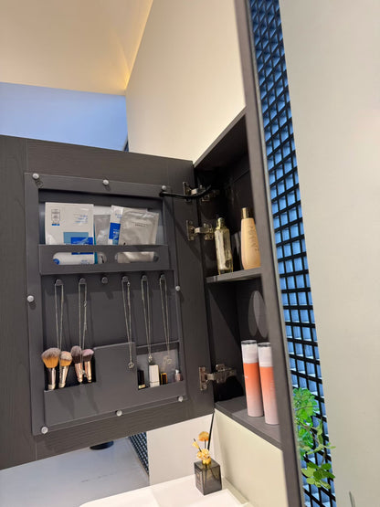 Custom-made solid wood bathroom cabinet with high-temperature stone slab, ceramic, and seamless sink made from eco-friendly materials.