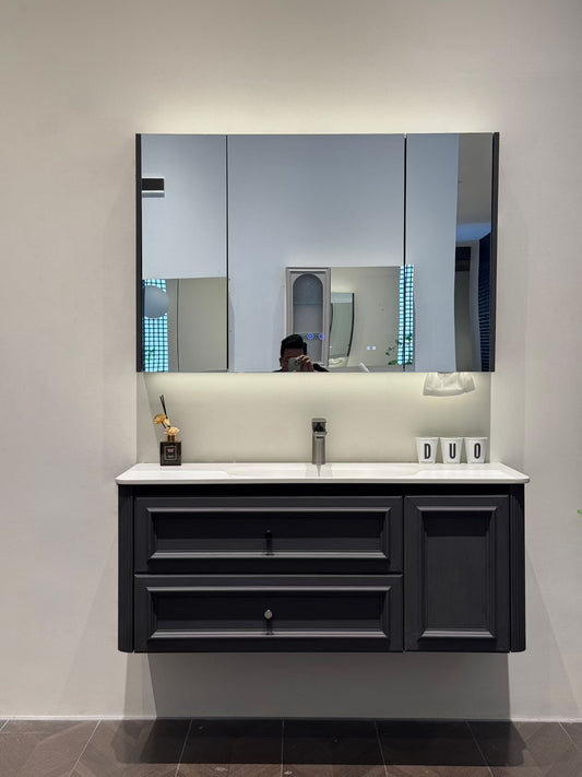 Custom-made solid wood bathroom cabinet with high-temperature stone slab, ceramic, and seamless sink made from eco-friendly materials.