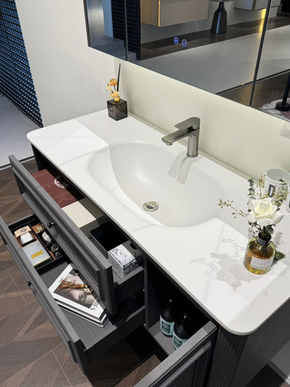 Custom-made solid wood bathroom cabinet with high-temperature stone slab, ceramic, and seamless sink made from eco-friendly materials.