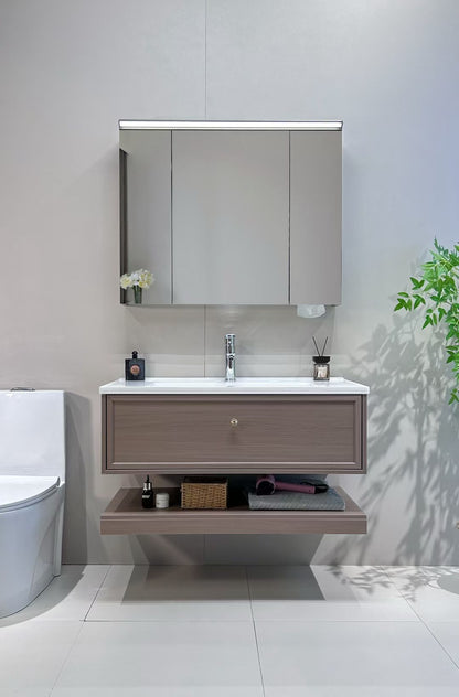Custom-made cabinet made of red oak, hotel-style custom bathroom vanity, wash basin, and integrated stone slab with seamless design