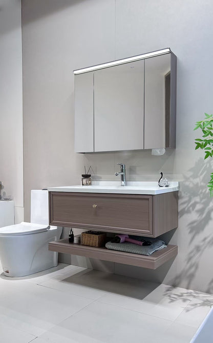 Custom-made cabinet made of red oak, hotel-style custom bathroom vanity, wash basin, and integrated stone slab with seamless design