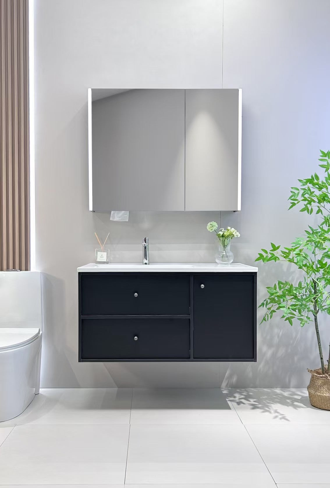 Wooden bathroom cabinet with natural wood style, washbasin, eco-friendly bathroom cabinet, stone slab integrated bathroom, ceramic basin