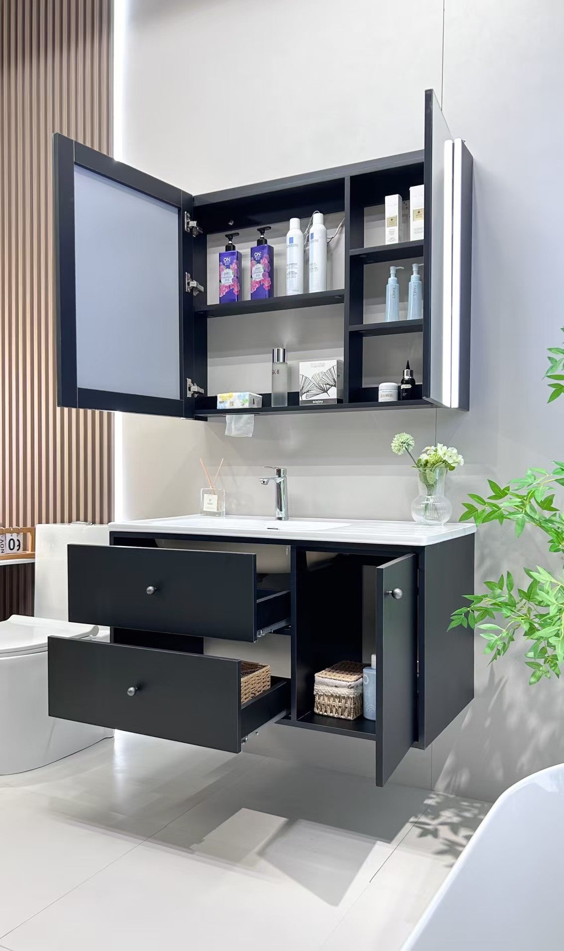 Wooden bathroom cabinet with natural wood style, washbasin, eco-friendly bathroom cabinet, stone slab integrated bathroom, ceramic basin