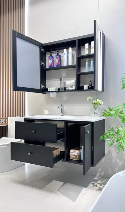Wooden bathroom cabinet with natural wood style, washbasin, eco-friendly bathroom cabinet, stone slab integrated bathroom, ceramic basin