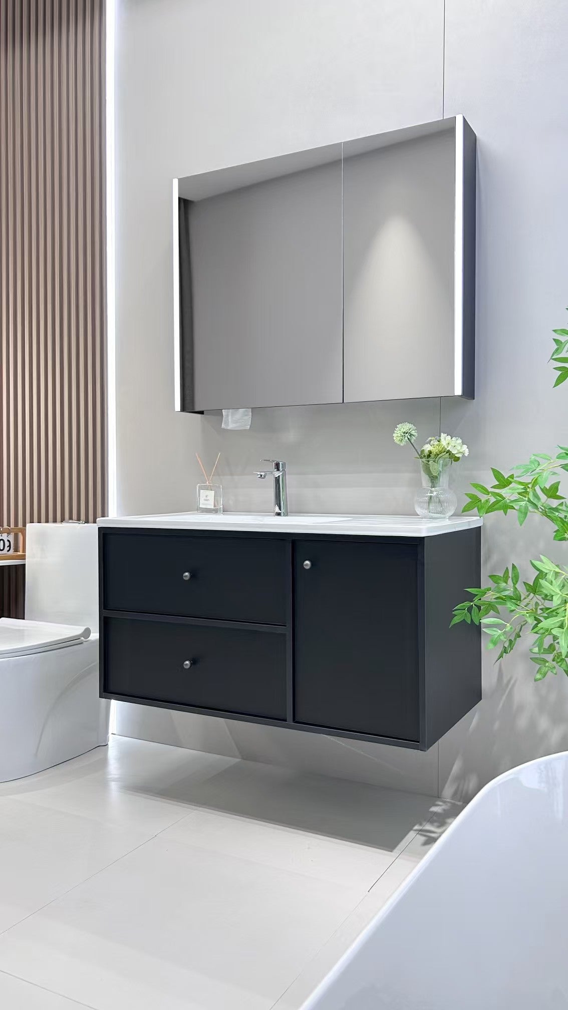 Wooden bathroom cabinet with natural wood style, washbasin, eco-friendly bathroom cabinet, stone slab integrated bathroom, ceramic basin