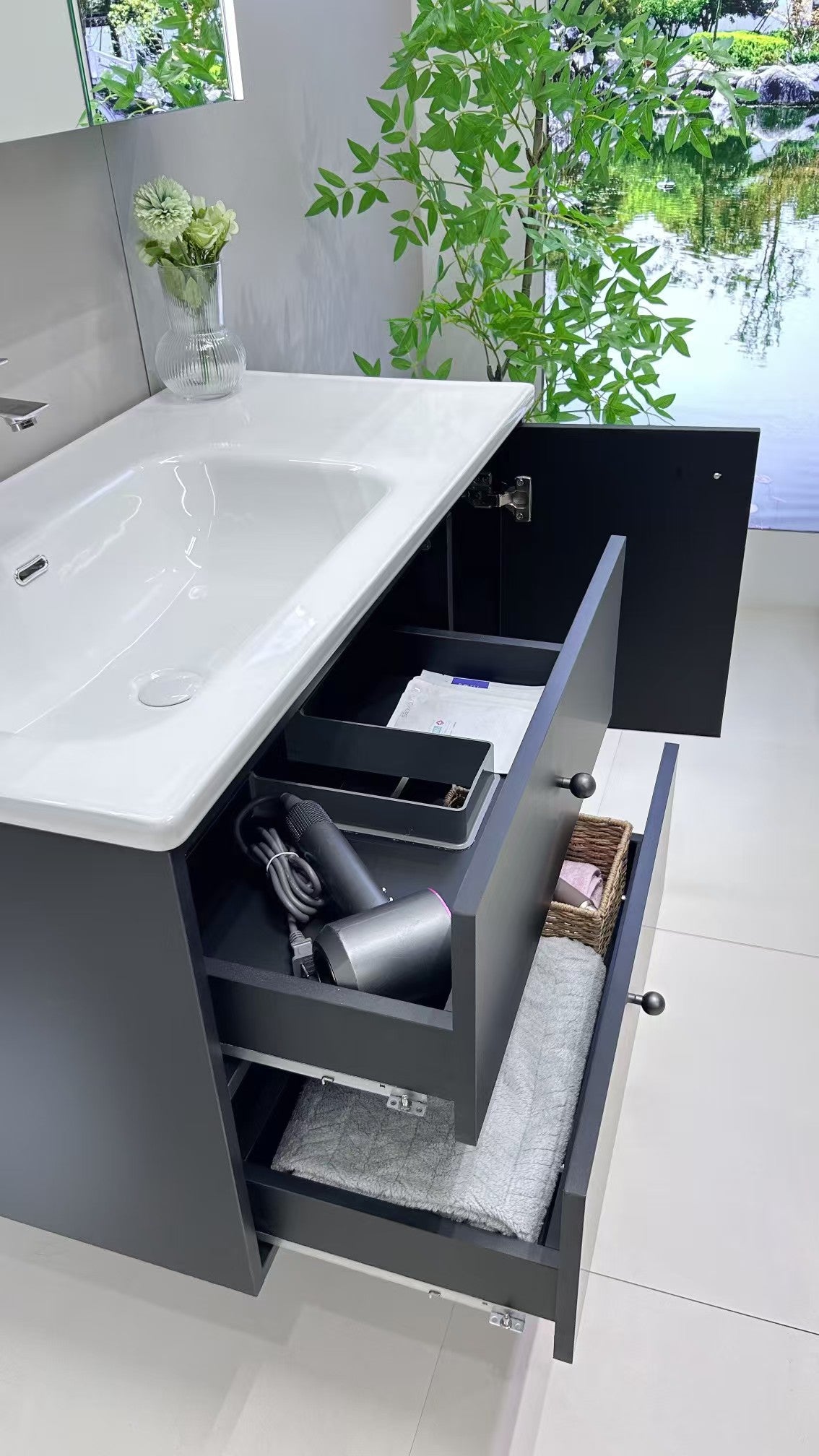Wooden bathroom cabinet with natural wood style, washbasin, eco-friendly bathroom cabinet, stone slab integrated bathroom, ceramic basin