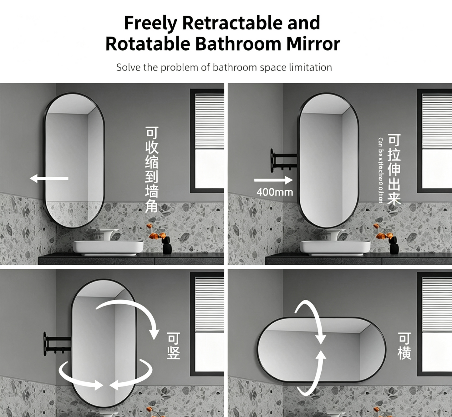 360° Rotatable & Extensible LED Smart Mirror, Retractable Swing Arm Shaving Makeup Mirror, HD Clear Anti-Fog Wall Mount Mir