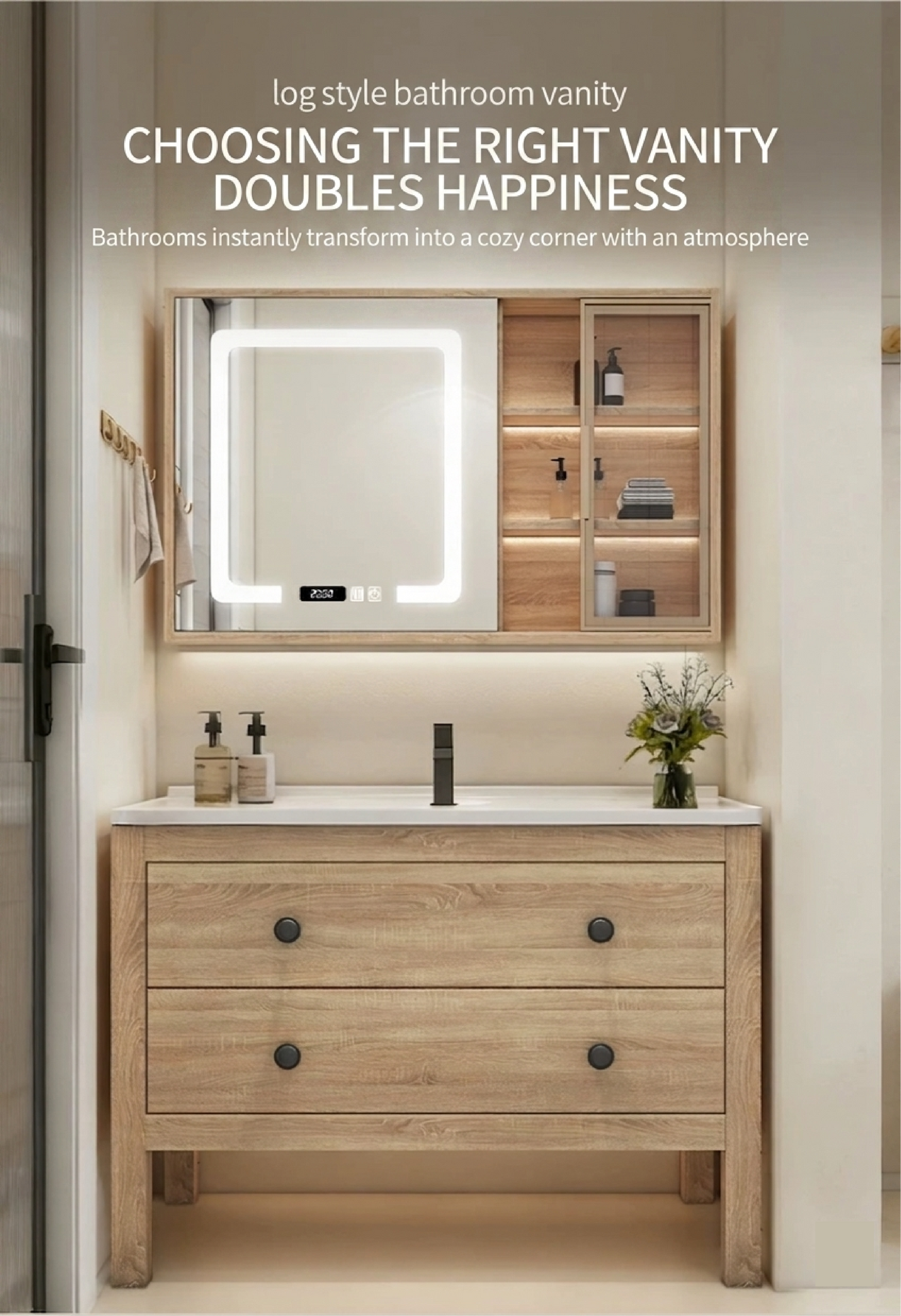 Eco-friendly solid wood cabinet, natural wood color, rustic style, bathroom cabinet, sink basin, eco-friendly.